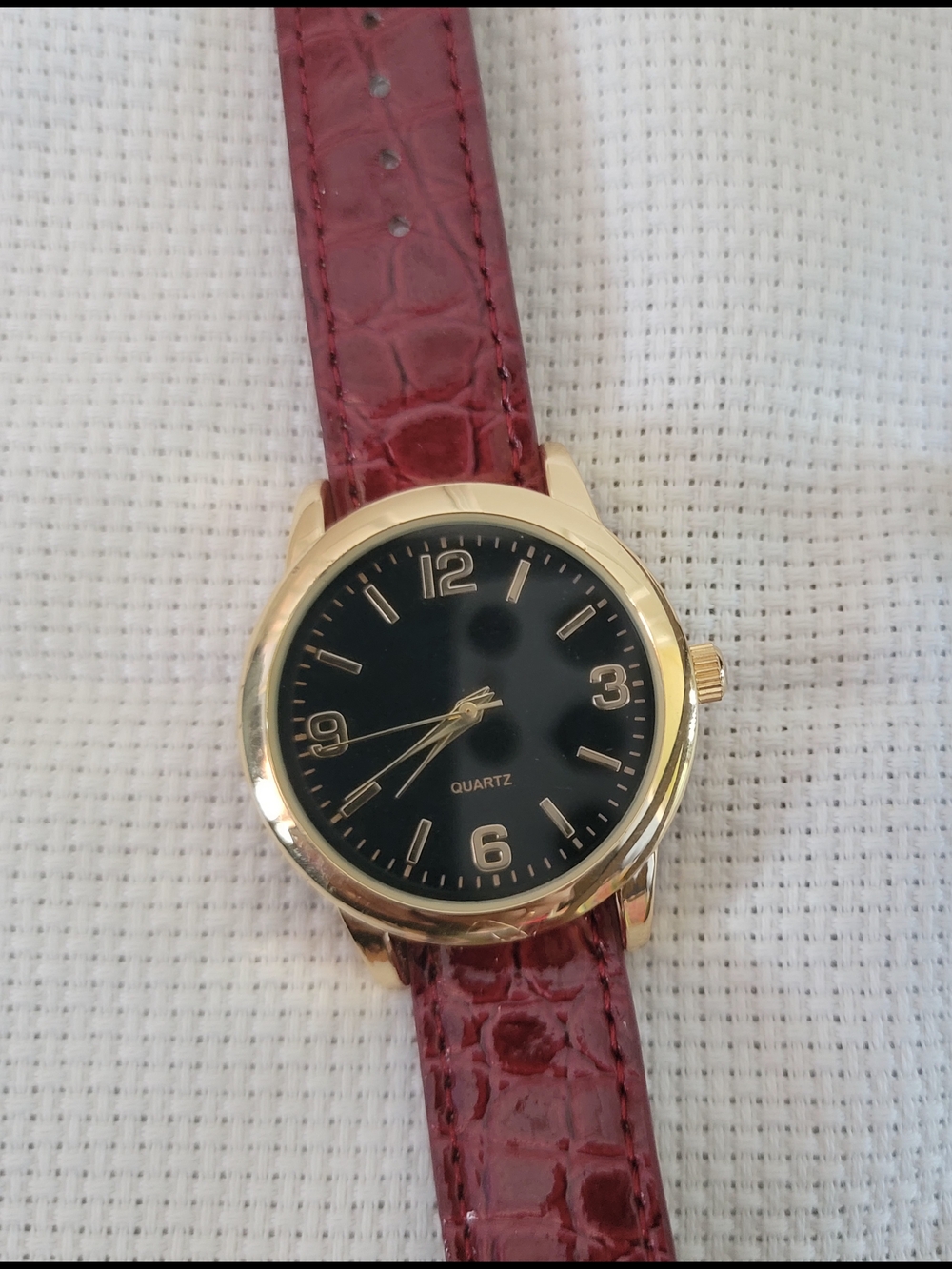 Gold Case Black Dial Watch with Red Leather Strap